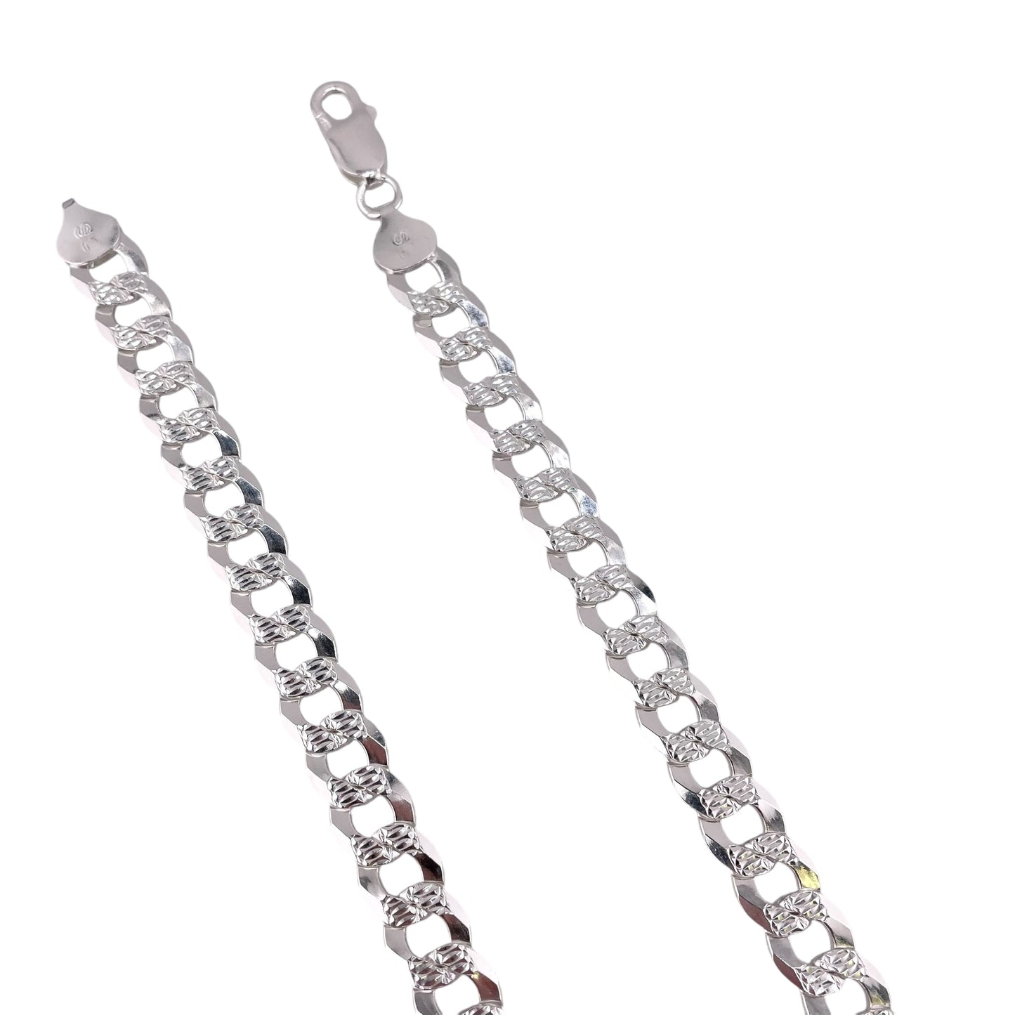 Sterling Silver Pave Super Flat Curb 250 8.8mm Bracelet Chain Italian Italy Solid Mens Jewelry