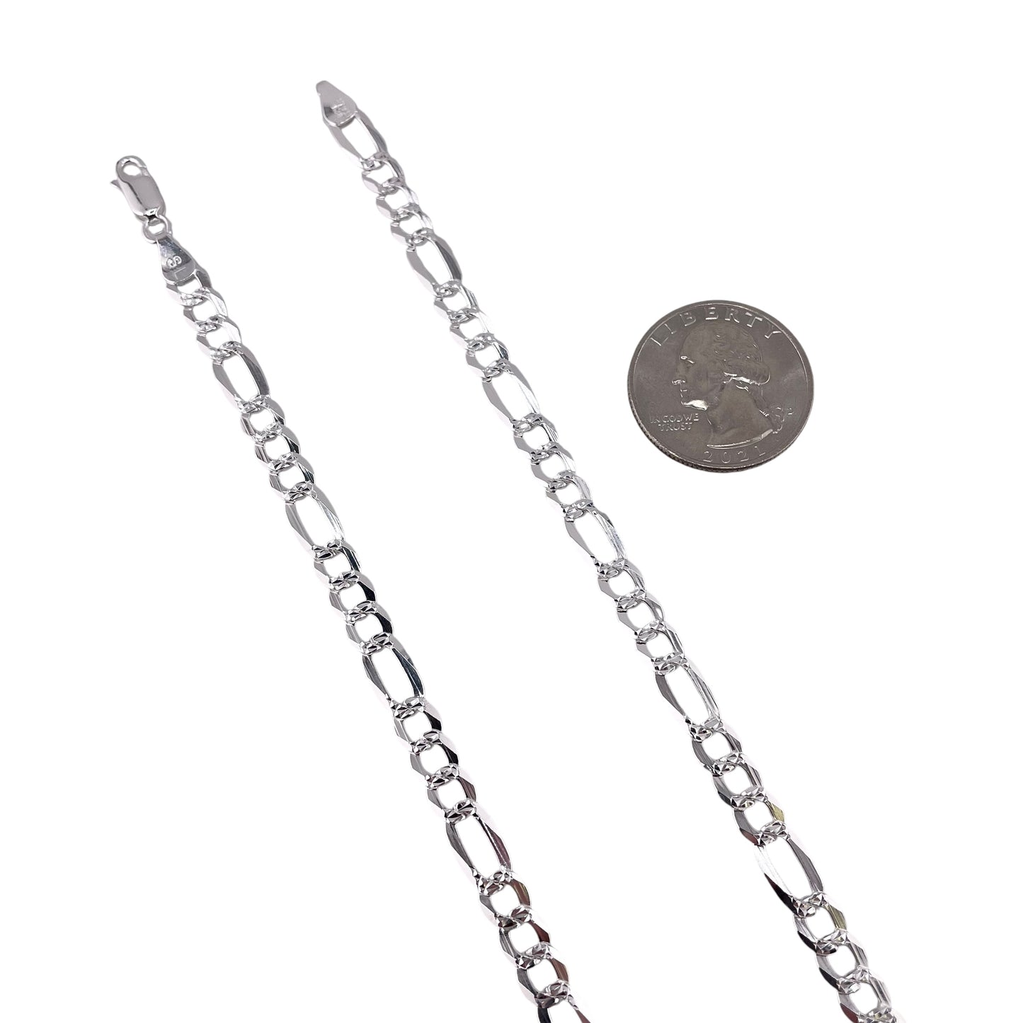 Sterling Silver Pave Super Flat Figaro 150 (5.8mm) Bracelet Chain Italian Italy Solid .925