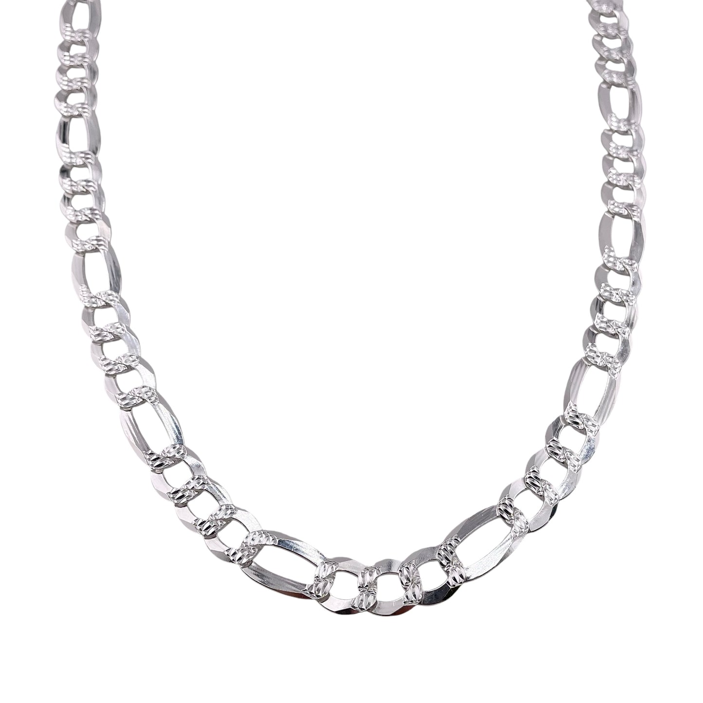 Sterling Silver Pave Super Flat Figaro 250 (10.2mm) Bracelet Chain Italian Italy Solid .925
