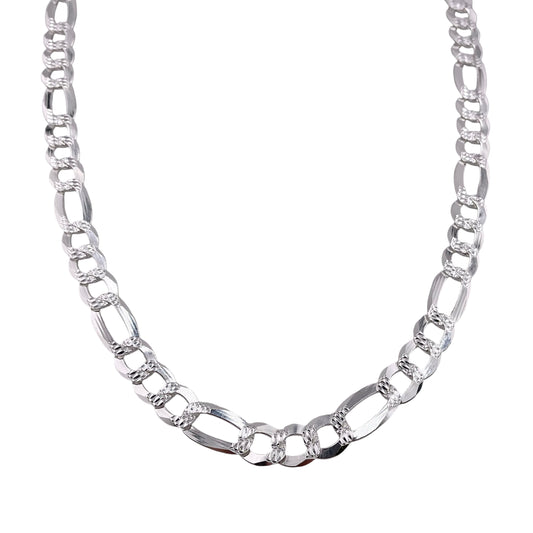 Sterling Silver Pave Super Flat Figaro 250 (10.2mm) Bracelet Chain Italian Italy Solid .925