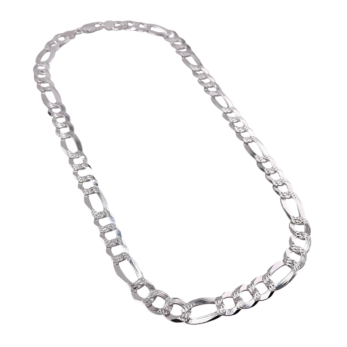 Sterling Silver Pave Super Flat Figaro 250 (10.2mm) Bracelet Chain Italian Italy Solid .925