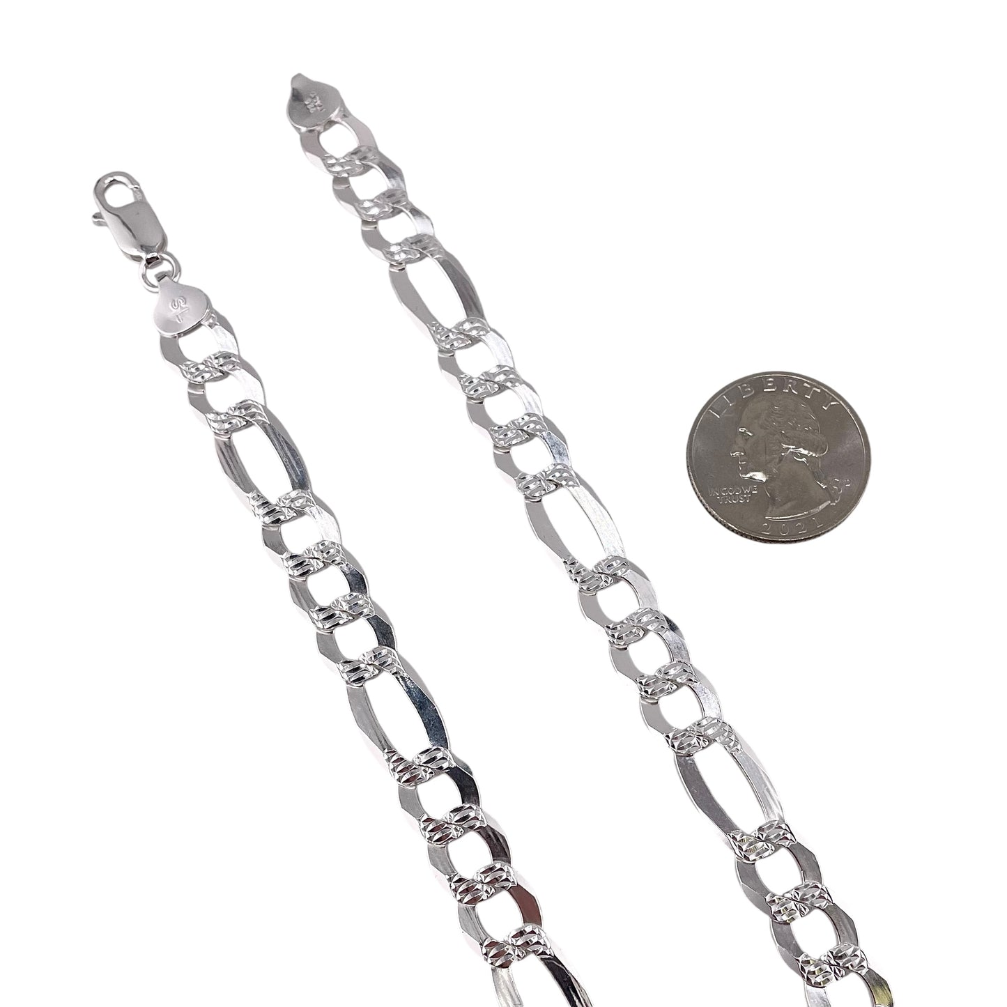 Sterling Silver Pave Super Flat Figaro 250 (10.2mm) Bracelet Chain Italian Italy Solid .925