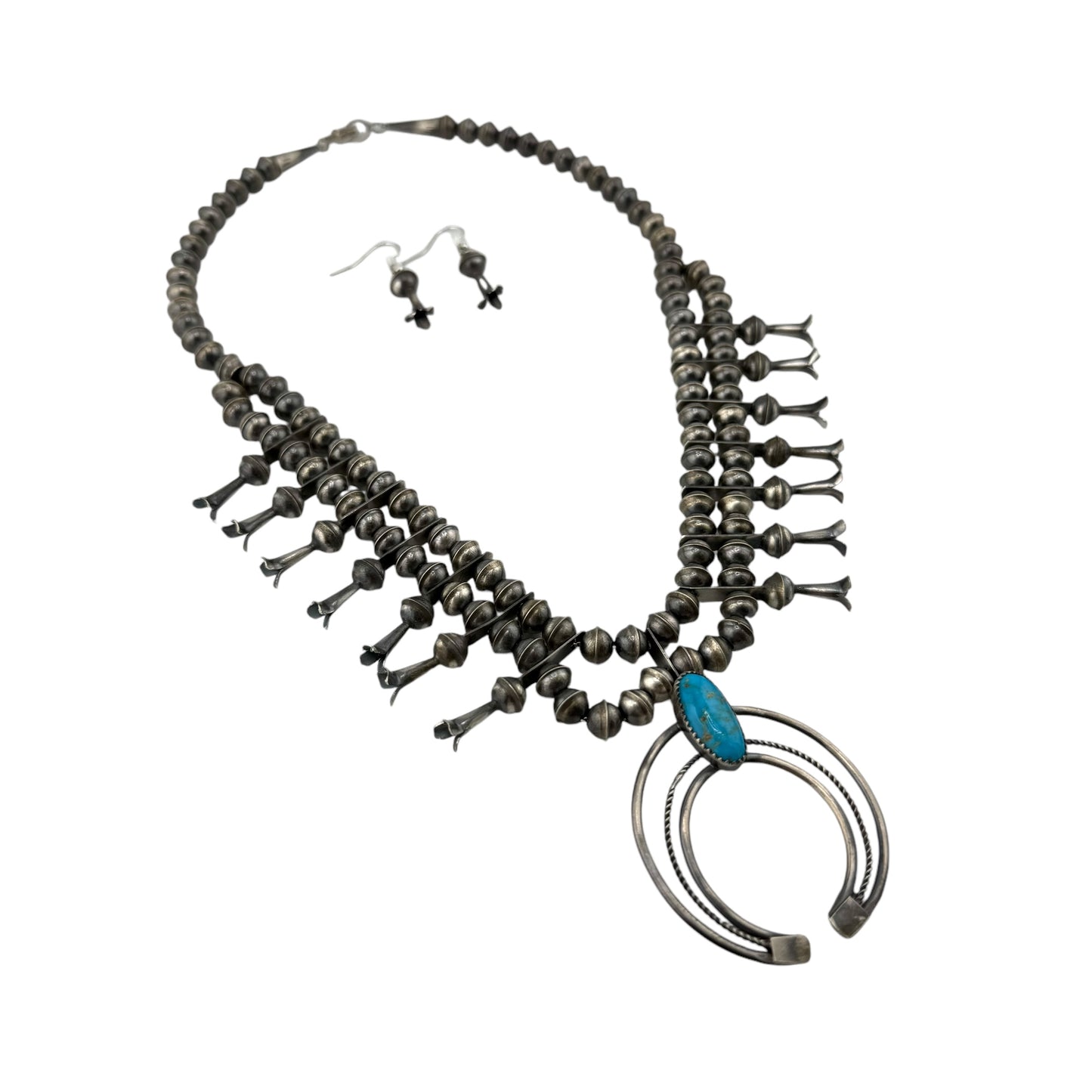 Phil & Lenora Garcia Sterling Silver Turquoise Squash Blossom Navajo Necklace Earring Set