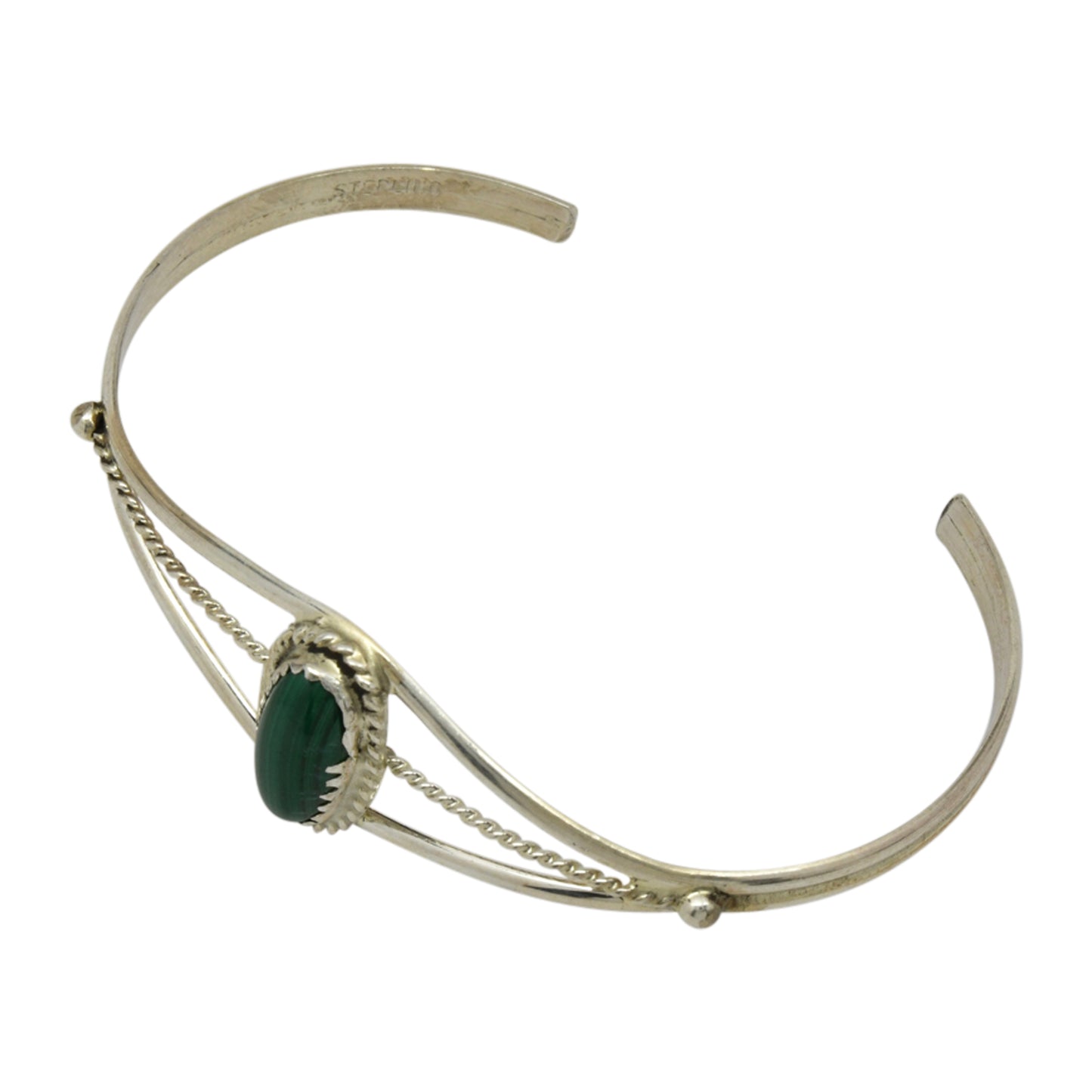 Janice White Sterling Silver Malachite Oval Twist Wire Navajo Cuff Bracelet