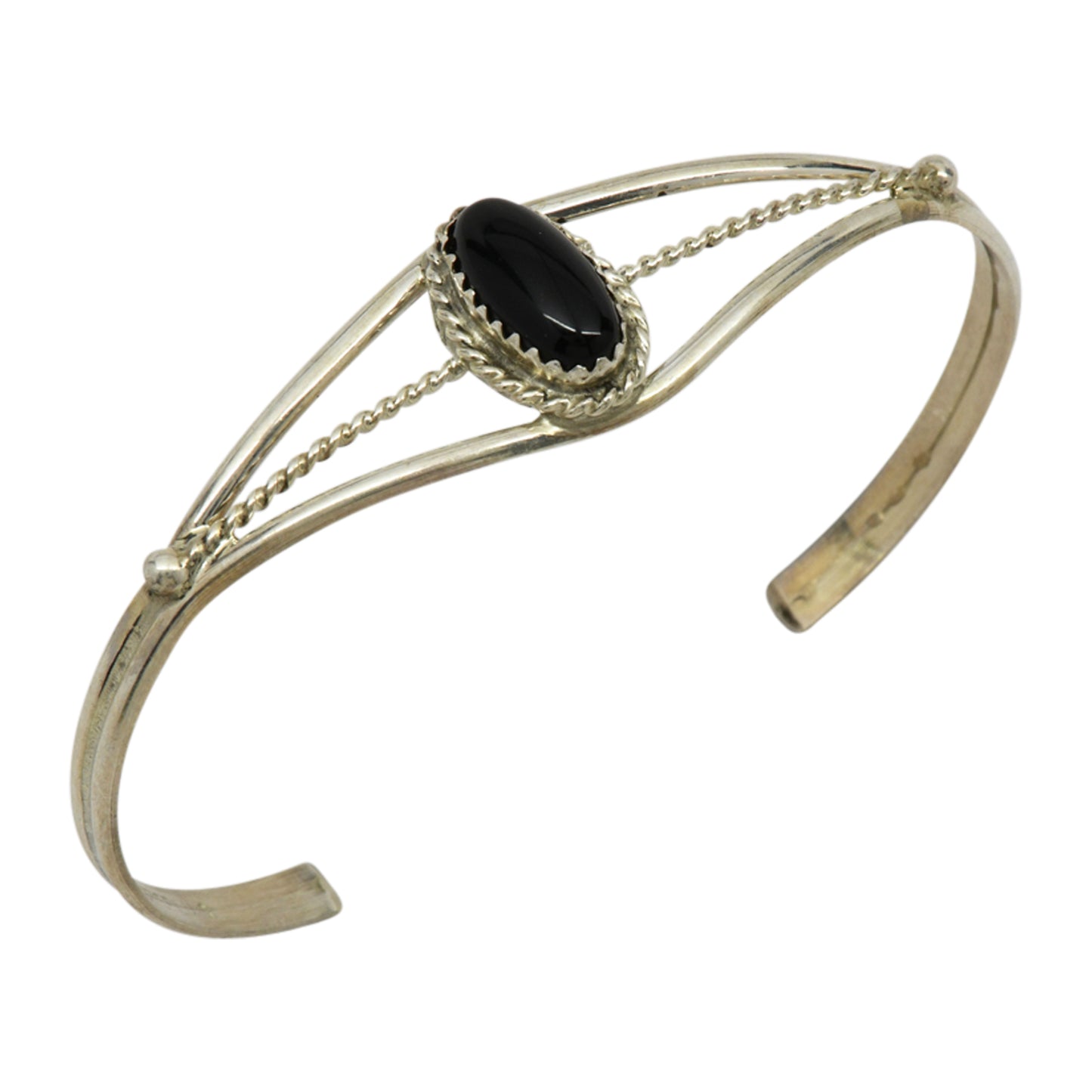 Janice White Sterling Silver Onyx Oval Twist Wire Navajo Cuff Bracelet