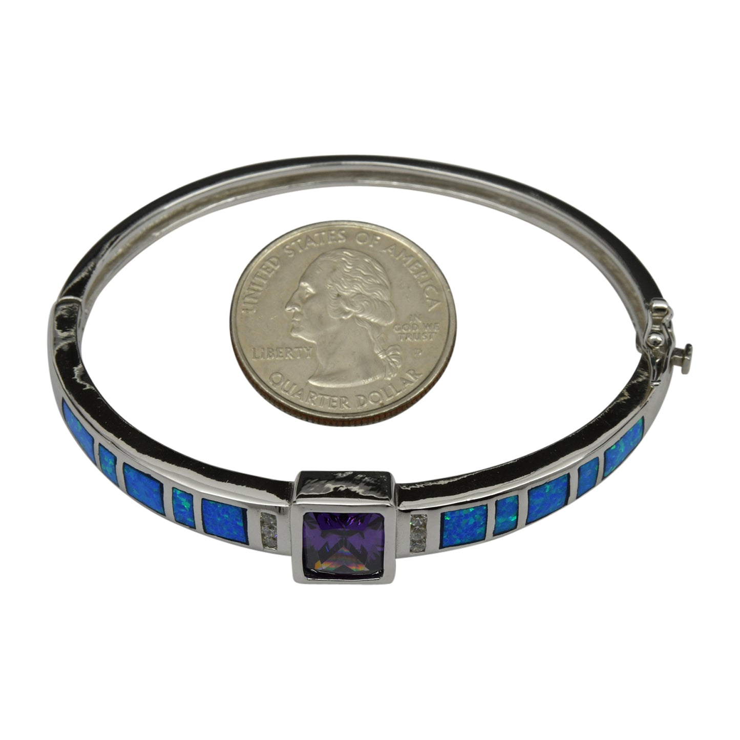 Sterling Silver Blue Lab Opal & Purple CZ Bangle Bracelet