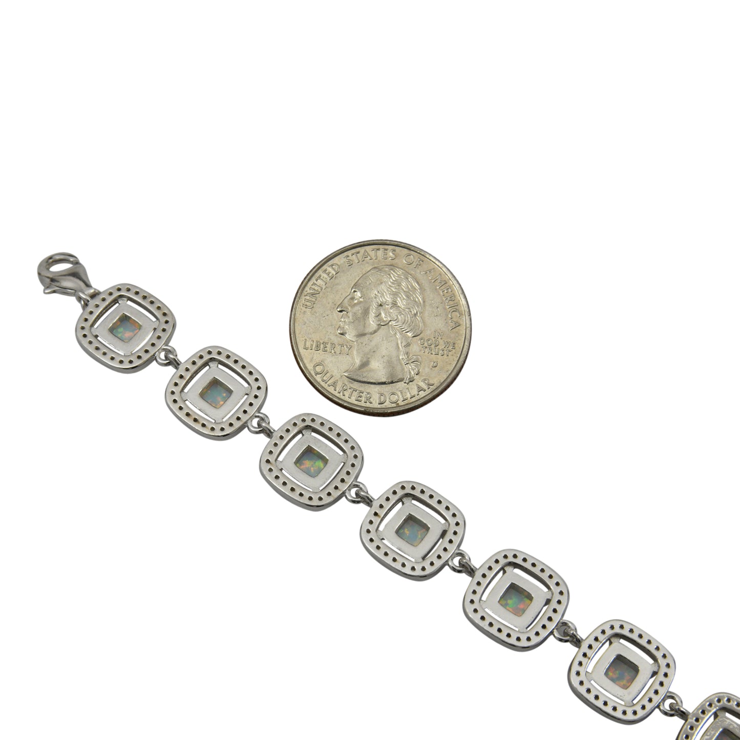 Sterling Silver White Lab Opal & CZ Square Link Tennis Bracelet
