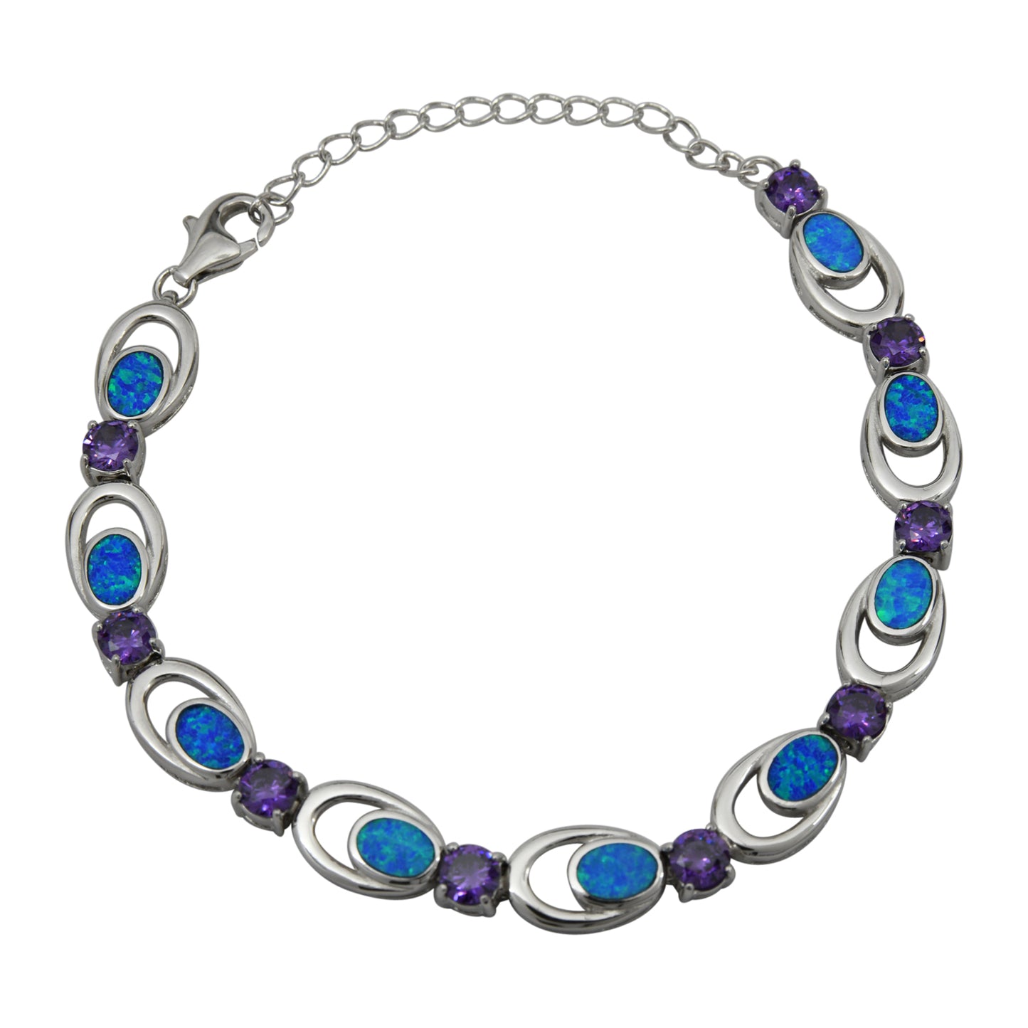 Sterling Silver Blue Lab Opal Purple CZ Link Tennis Bracelet