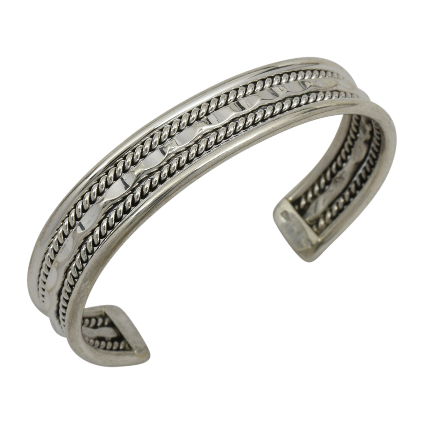 Elaine Tahe Sterling Silver Navajo 2 Rope & D/C Bar 12mm Bracelet