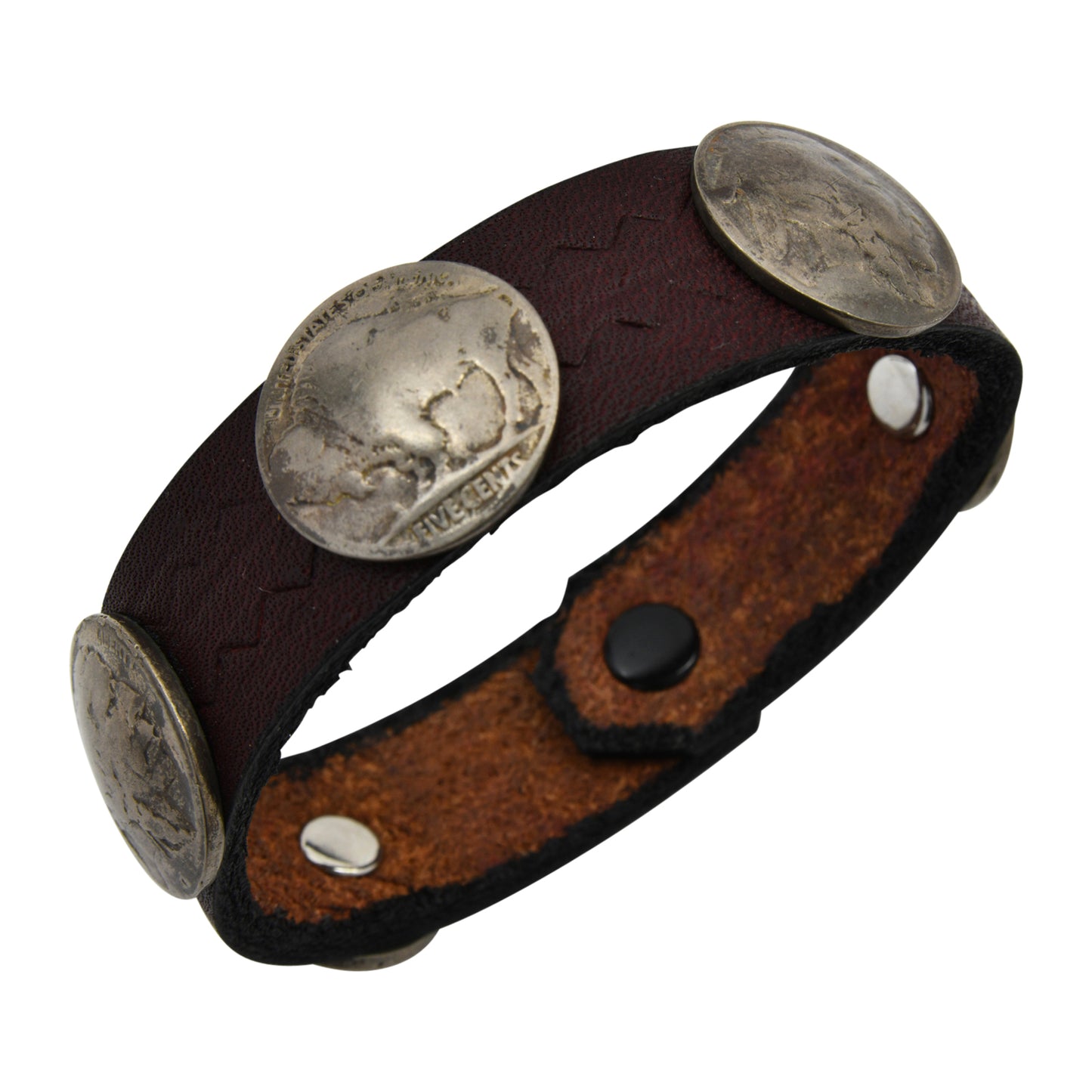 Reddish Brown Leather Taos American Indian Buffalo Nickel Bracelet