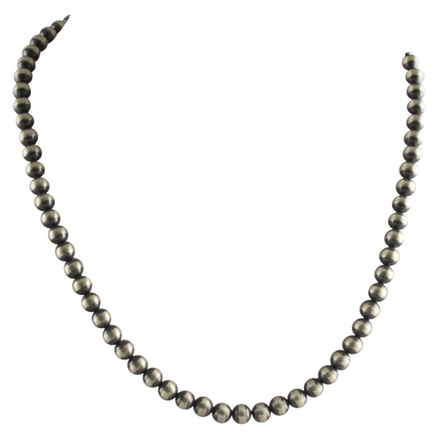 Sterling Silver Navajo Pearl 6mm Oxidize Round Bead Necklace. Available from 14" to 60"