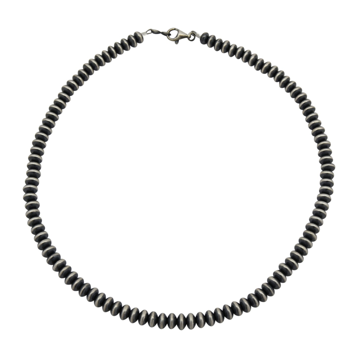 Sterling Silver Desert Pearls 7mm Saucer Oxidized Bead Necklace. Available from 16" to 36"