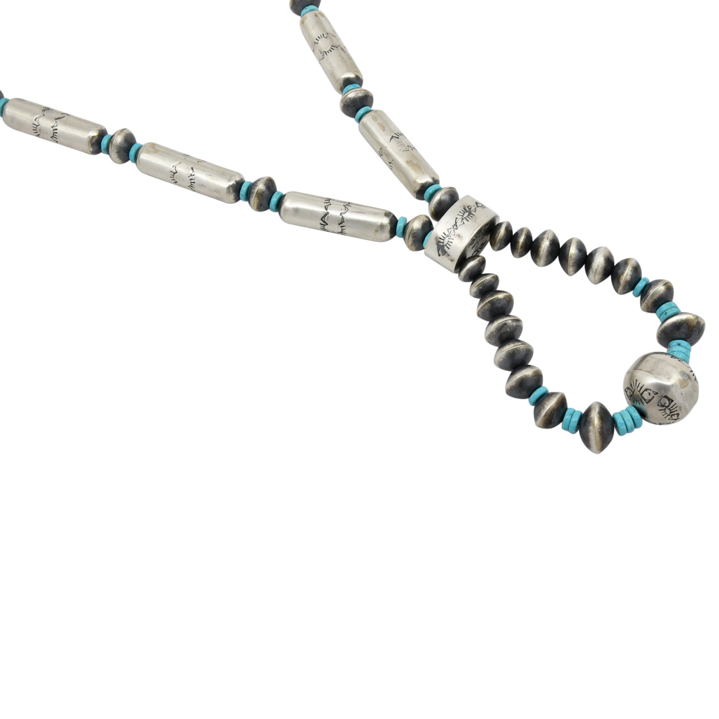 Sophia Becenti Sterling Silver Jacla Skinny Tube Turquoise Bead Navajo Necklace Earring Set