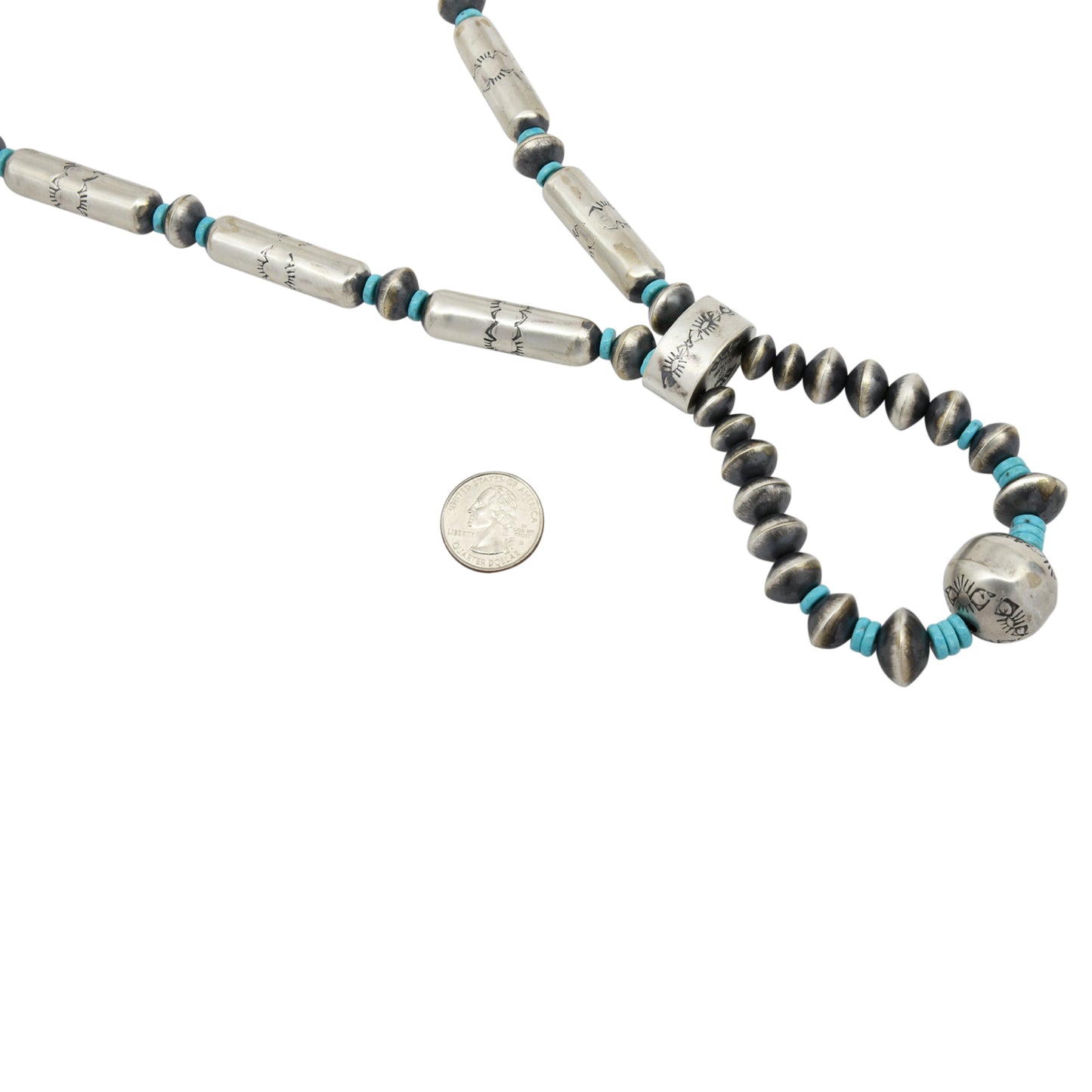 Sophia Becenti Sterling Silver Jacla Skinny Tube Turquoise Bead Navajo Necklace Earring Set