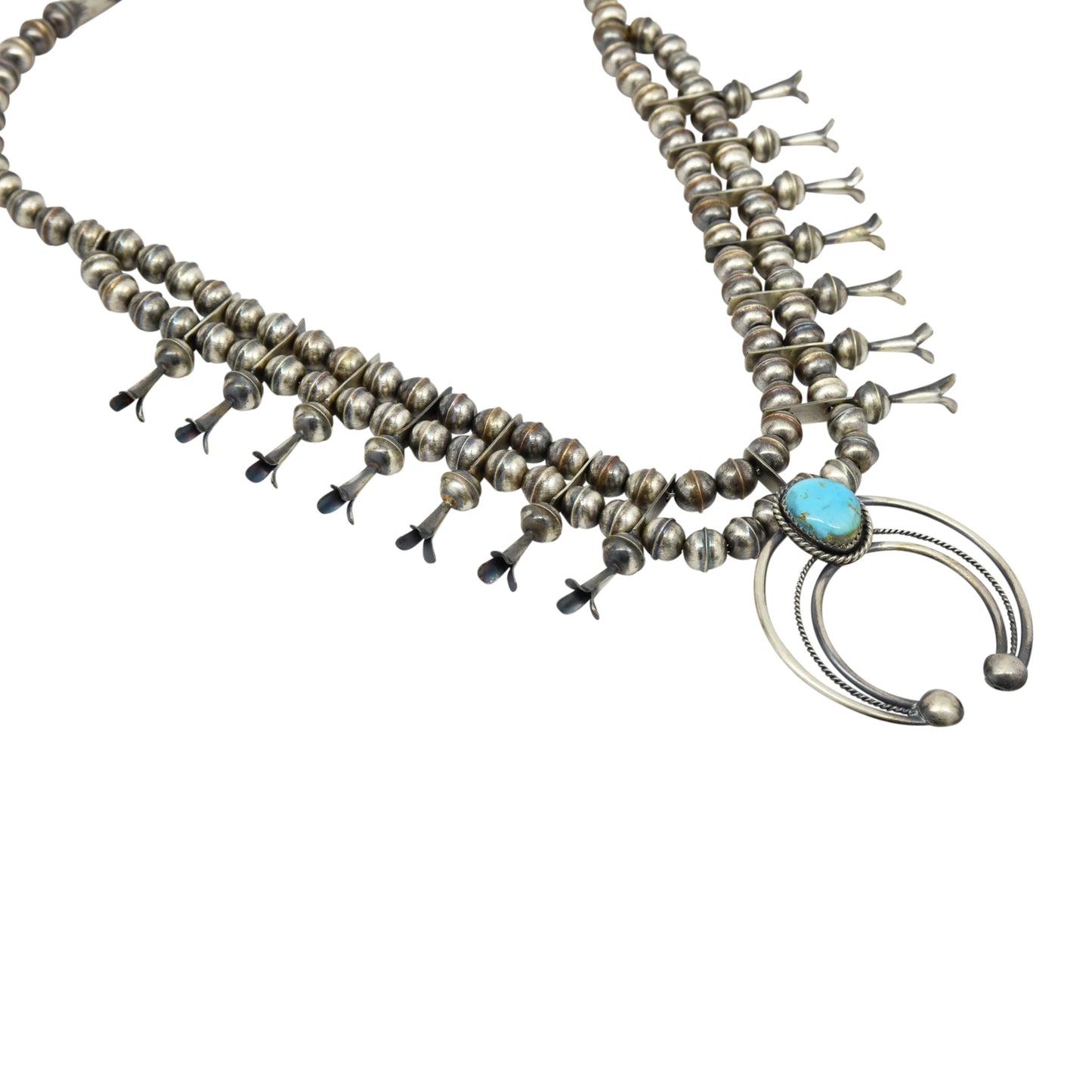 Phil Garcia Oxidized Sterling Silver Navajo Blue Turquoise Squash Blossom Necklace Earring Set