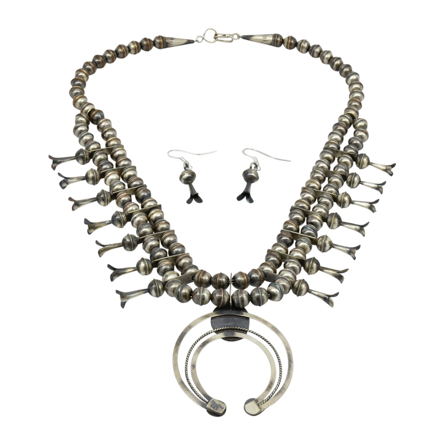 Phil Garcia Oxidized Sterling Silver Navajo Blue Turquoise Squash Blossom Necklace Earring Set