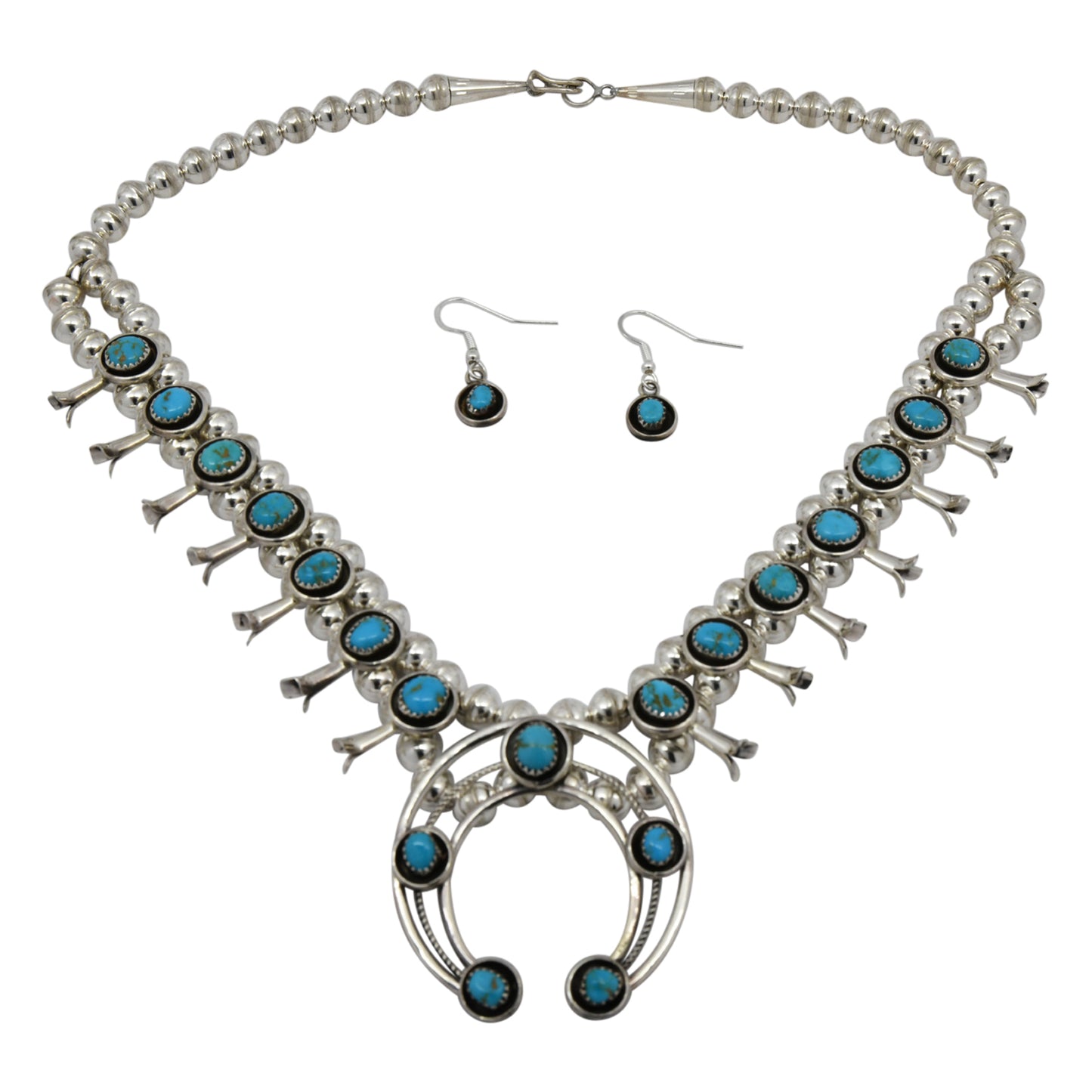 Phil & Lenora Garcia Sterling Silver Turquoise Squash Blossom Navajo Necklace