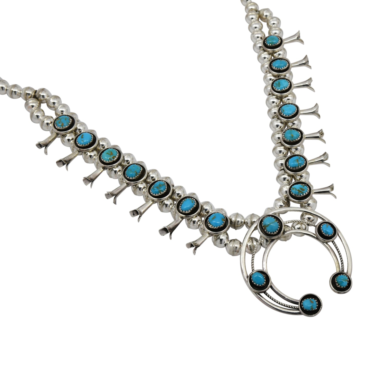 Phil & Lenora Garcia Sterling Silver Turquoise Squash Blossom Navajo Necklace