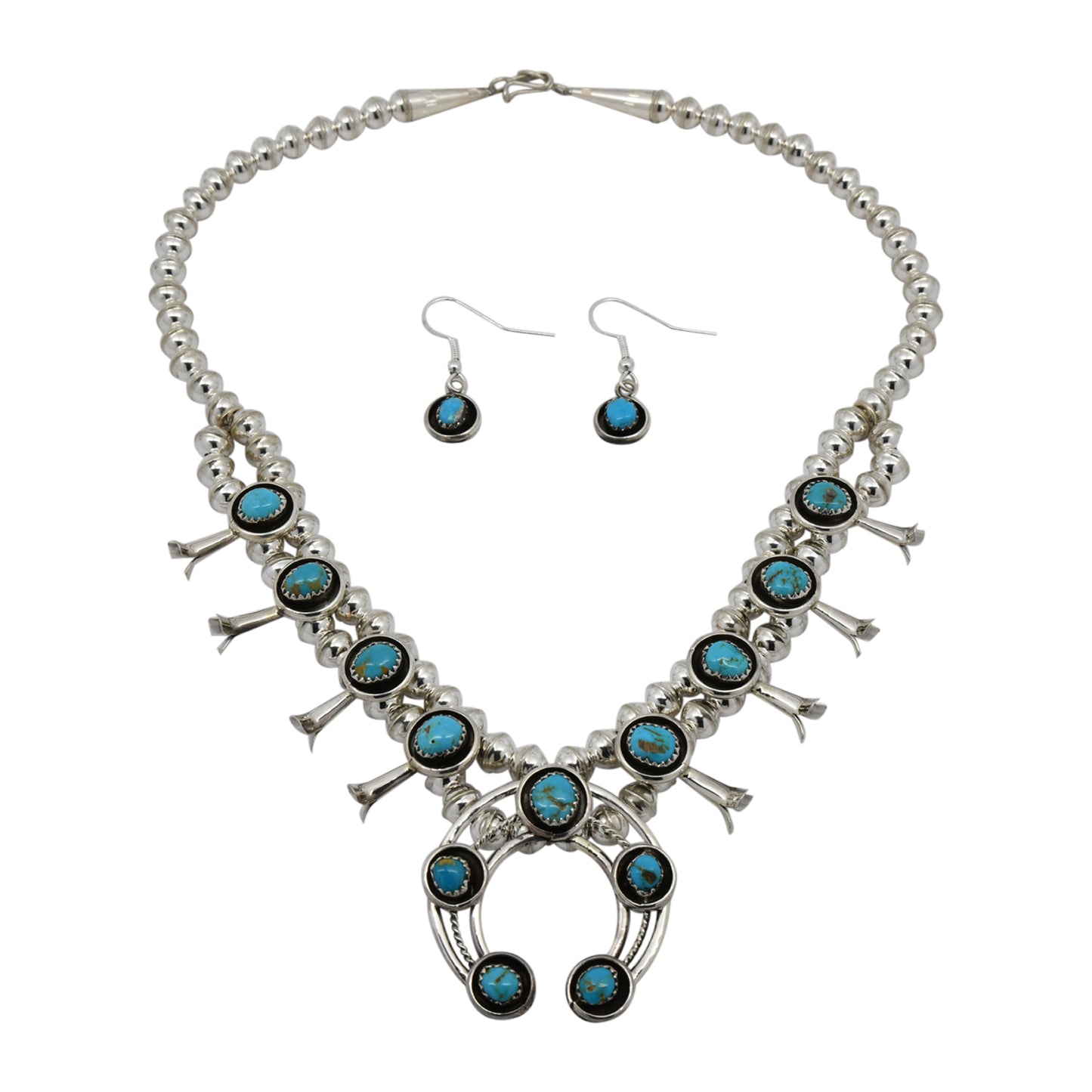 Phil & Lenora Garcia Sterling Silver Turquoise Short Squash Blossom Navajo Necklace