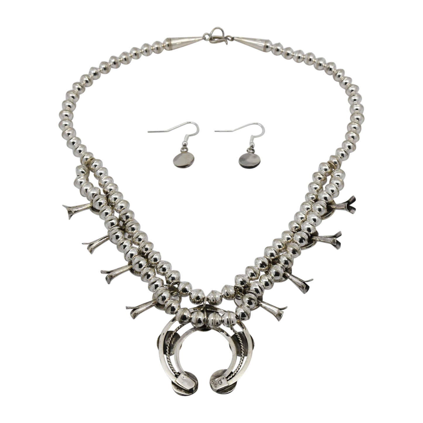 Phil & Lenora Garcia Sterling Silver Turquoise Short Squash Blossom Navajo Necklace