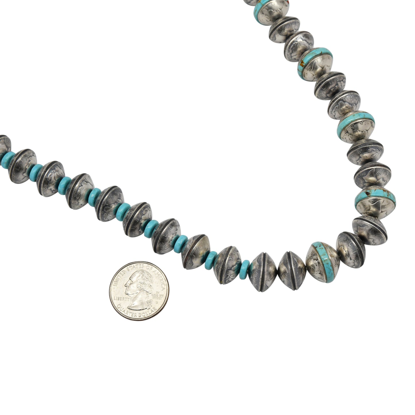 Sterling Silver James McCabe Turquoise Inlay Mercury Dime Bead Navajo Necklace