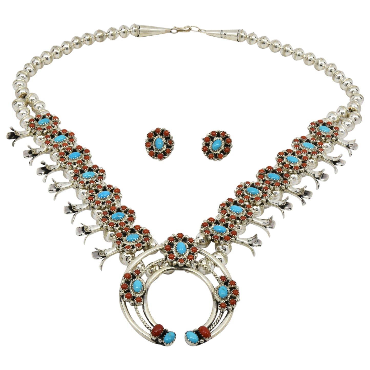 Nathaniel Curley Sterling Silver Navajo Turquoise & Coral Cluster Squash Blossom Necklace Earring Set