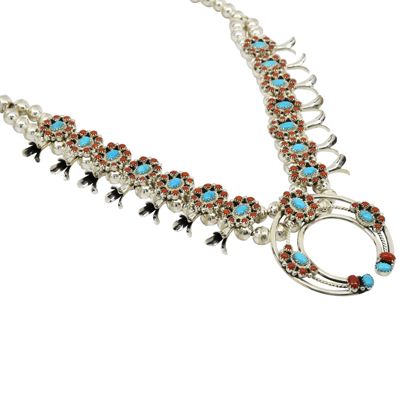 Nathaniel Curley Sterling Silver Navajo Turquoise & Coral Cluster Squash Blossom Necklace Earring Set