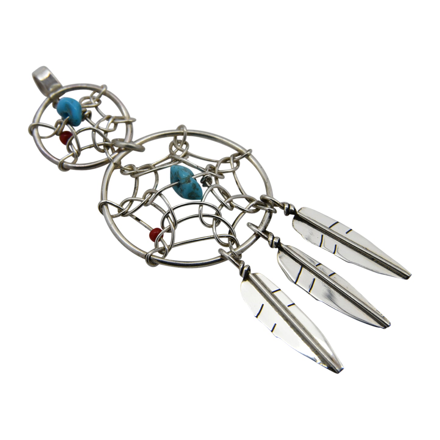 Lorenzo Arviso Jr Sterling Silver Turquoise & Coral Double Dreamcatcher Navajo Pendant