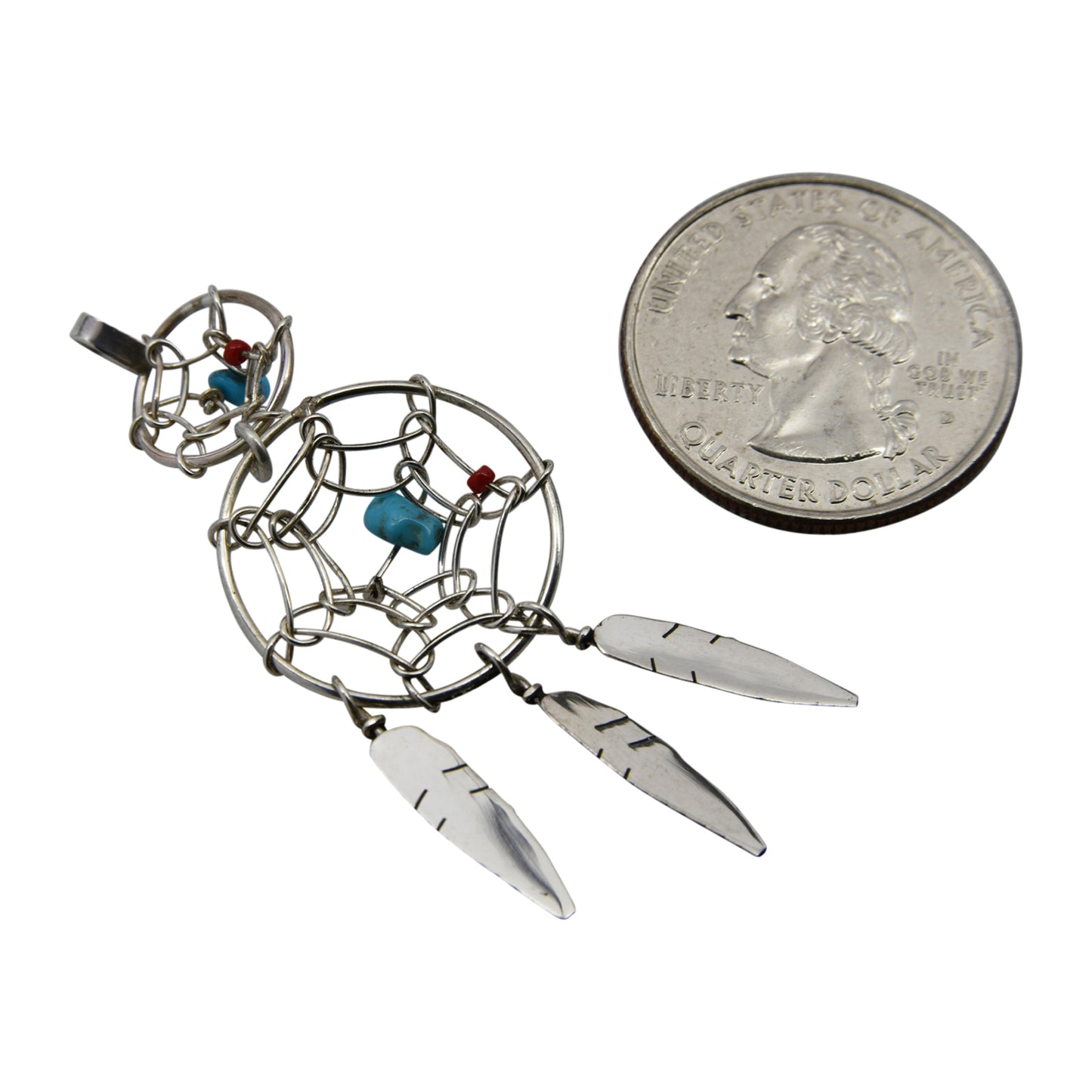 Lorenzo Arviso Jr Sterling Silver Turquoise & Coral Double Dreamcatcher Navajo Pendant