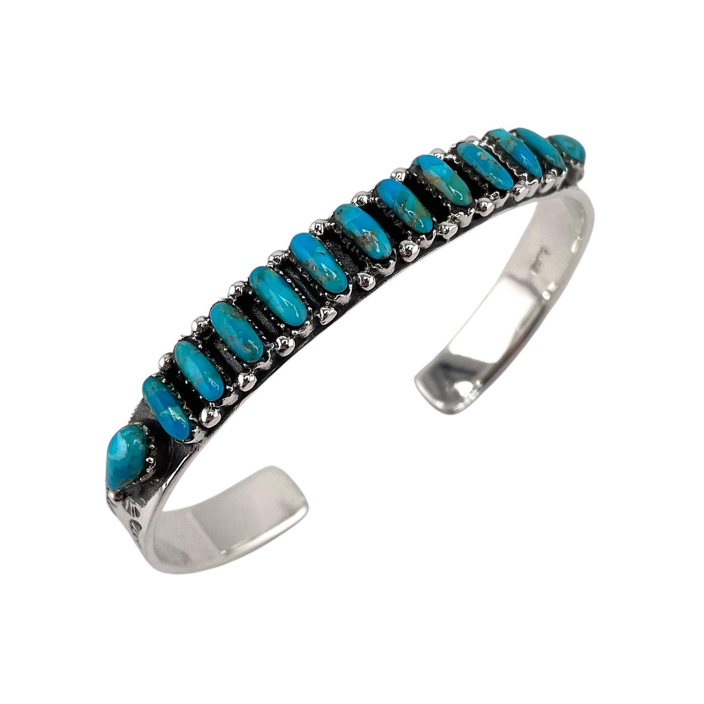 Turquoise Needlepoint Row Cuff Bracelet Sterling Silver
