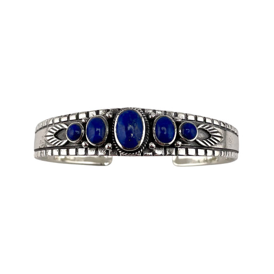 Lapis 5 Stone Round Row Cuff Bracelet Sterling Silver