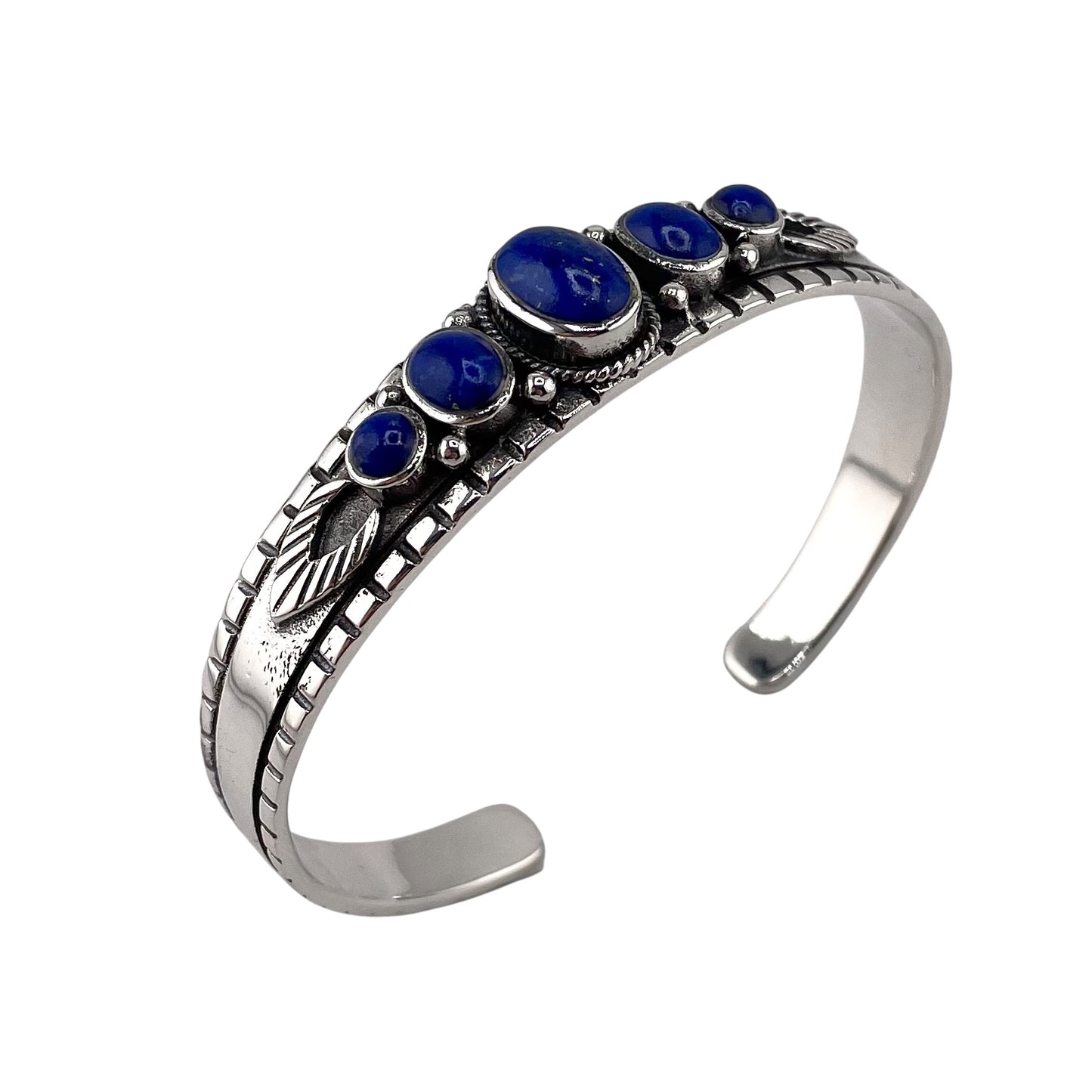 Lapis 5 Stone Round Row Cuff Bracelet Sterling Silver