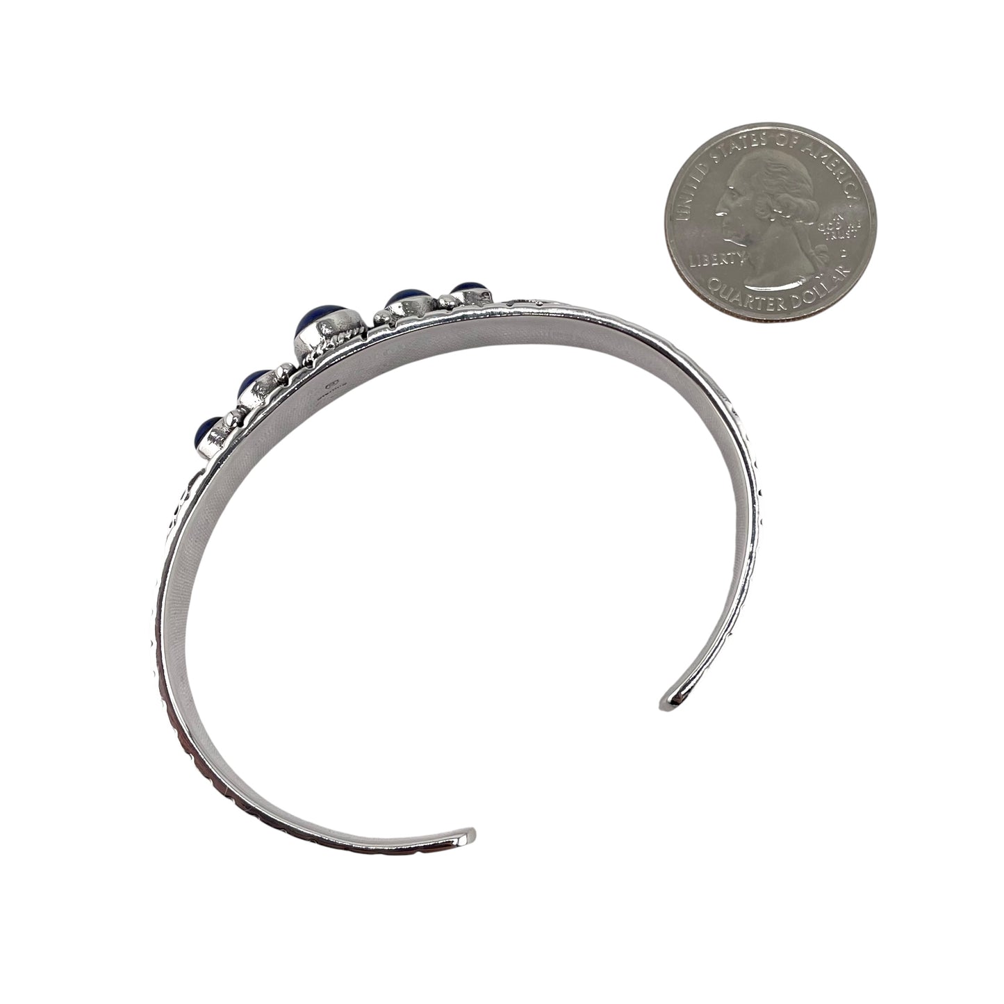 Lapis 5 Stone Round Row Cuff Bracelet Sterling Silver