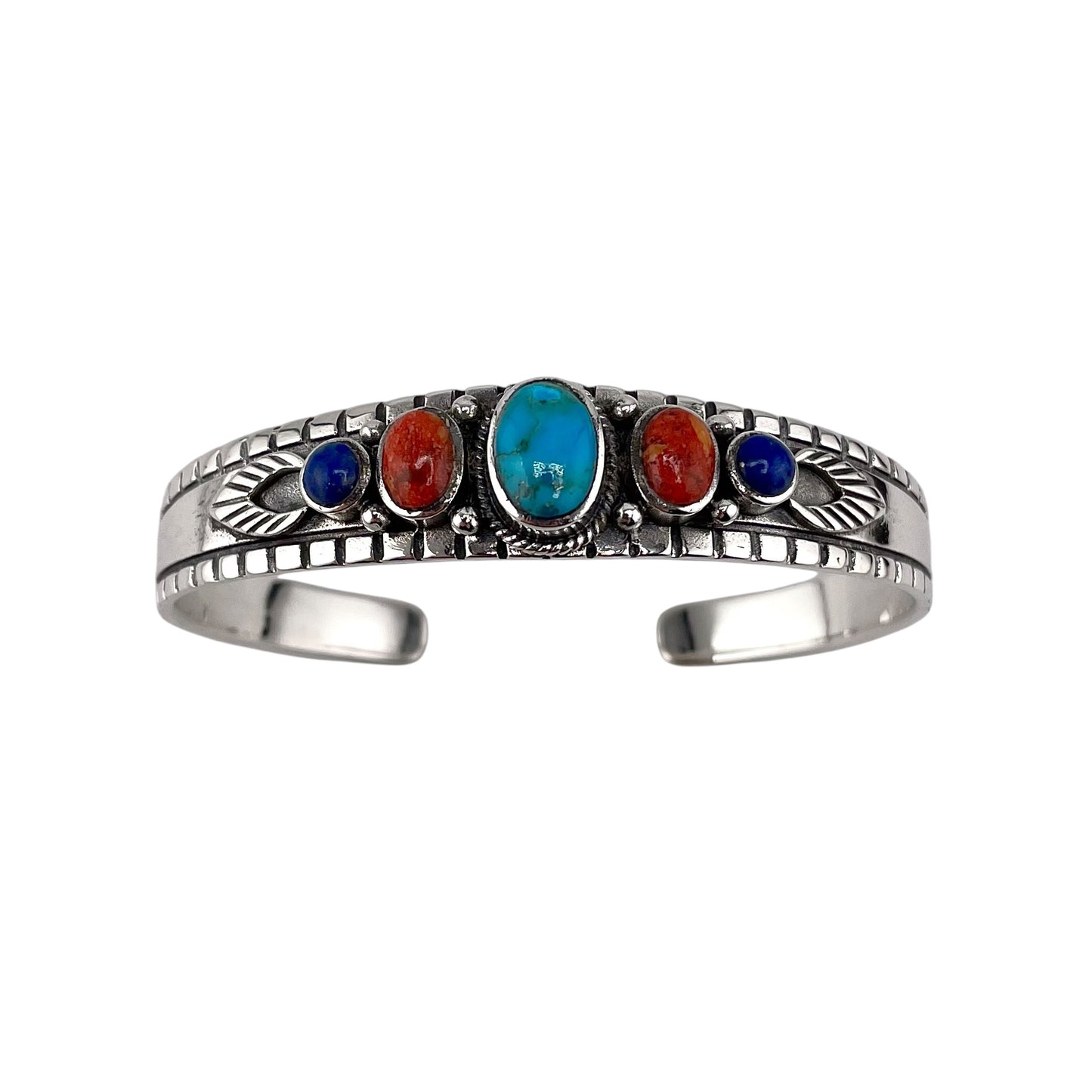 Multi Color 5 Stone Round Row Cuff Bracelet Sterling Silver