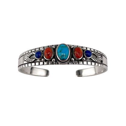 Multi Color 5 Stone Round Row Cuff Bracelet Sterling Silver