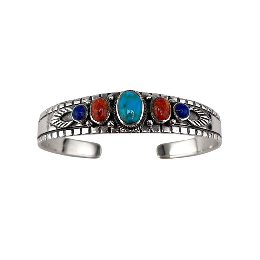 Multi Color 5 Stone Round Row Cuff Bracelet Sterling Silver