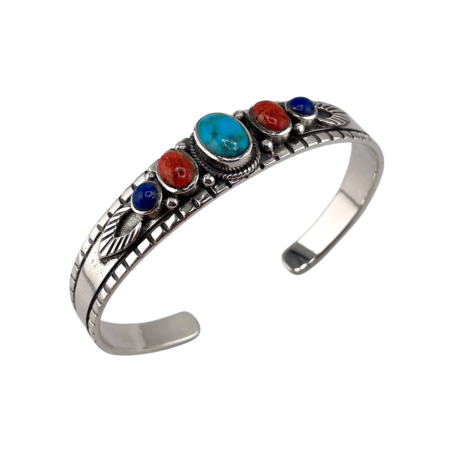 Multi Color 5 Stone Round Row Cuff Bracelet Sterling Silver