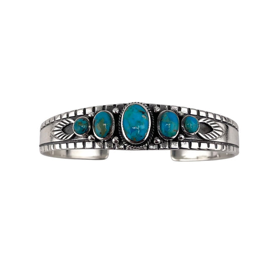 Turquoise 5 Stone Round Row Cuff Bracelet Sterling Silver