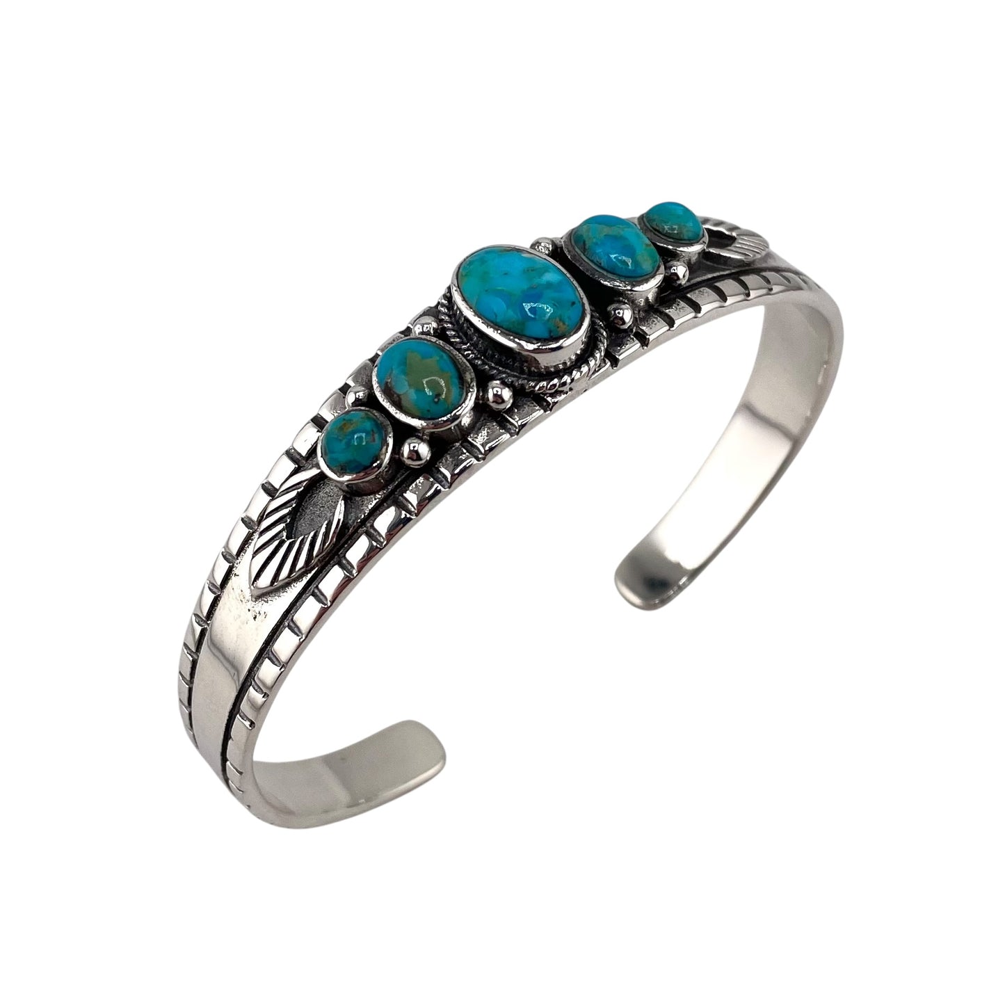 Turquoise 5 Stone Round Row Cuff Bracelet Sterling Silver