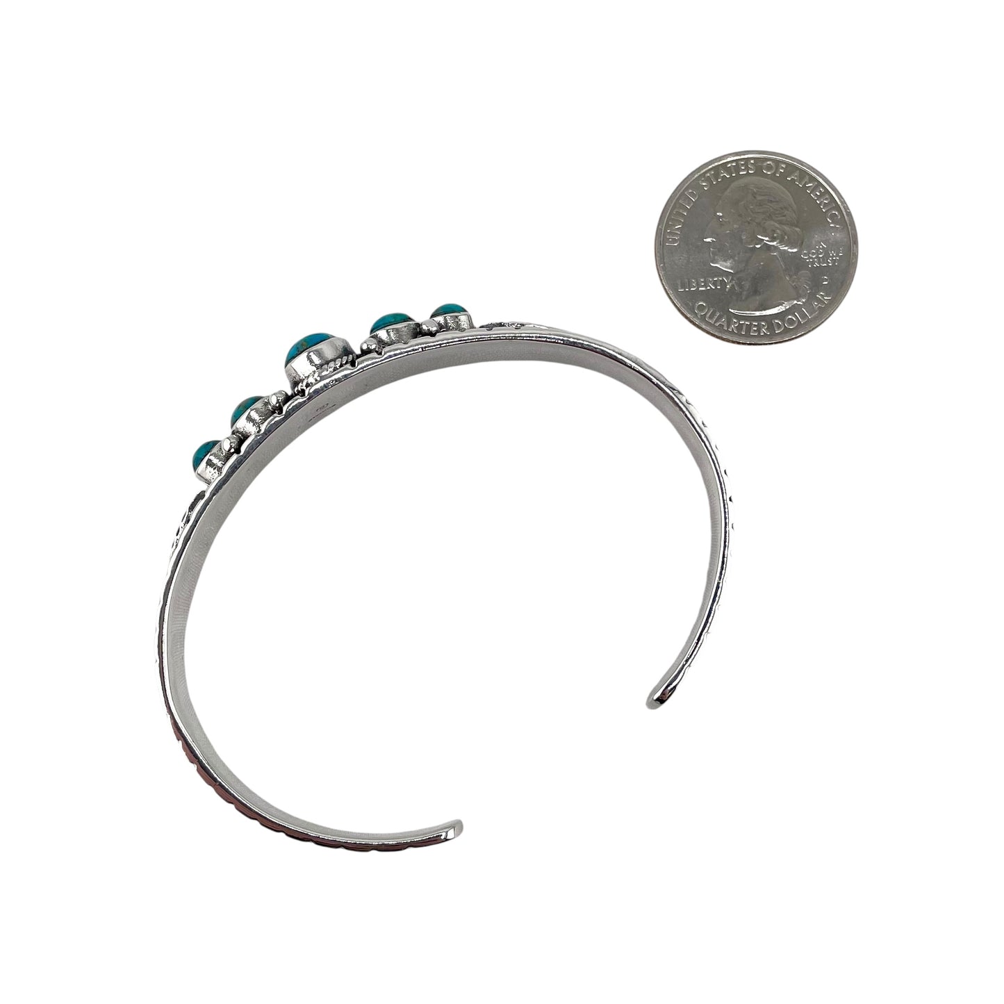 Turquoise 5 Stone Round Row Cuff Bracelet Sterling Silver