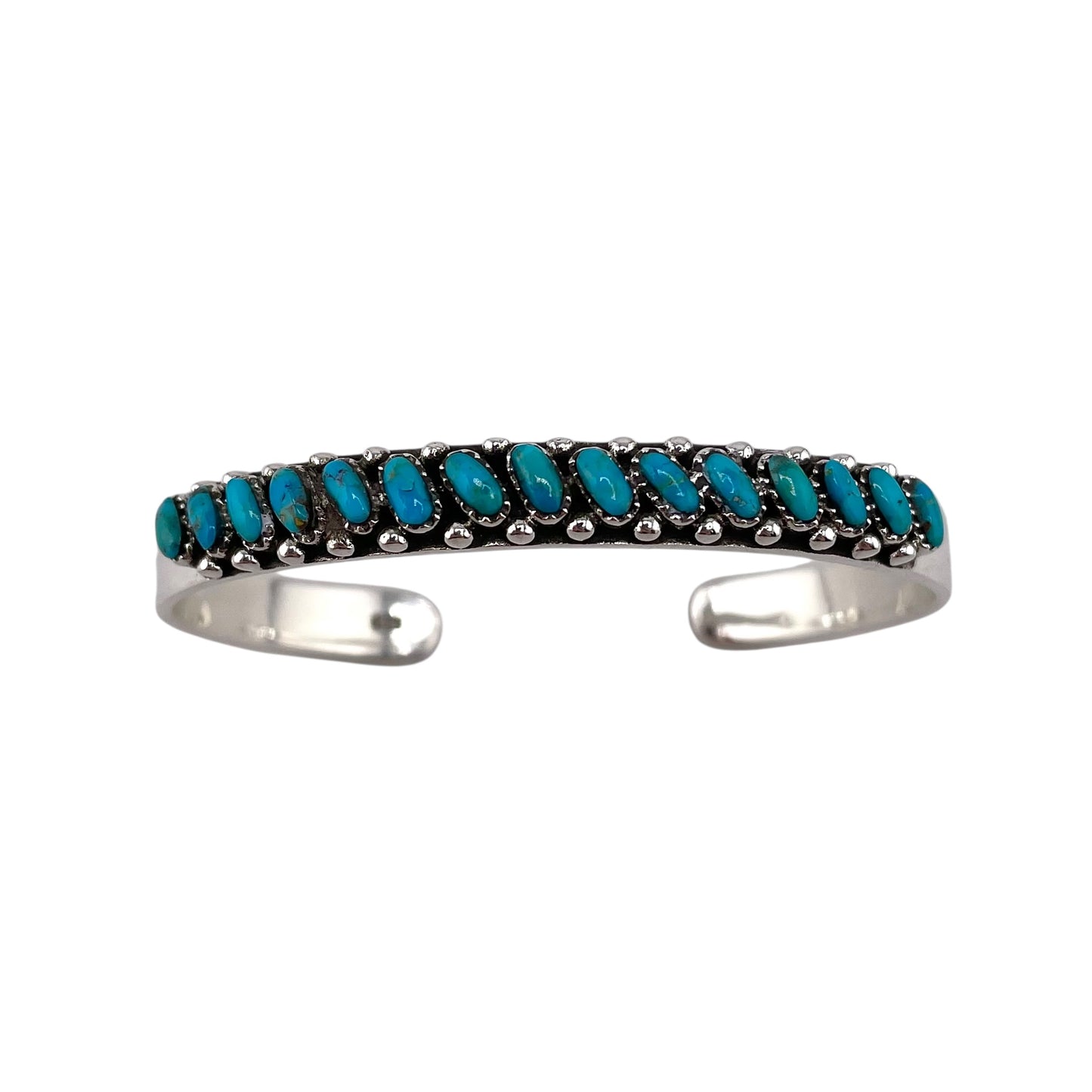 Turquoise Needlepoint Slanted Oval Row Cuff Bracelet Sterling Silver