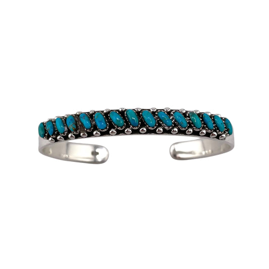 Turquoise Needlepoint Slanted Oval Row Cuff Bracelet Sterling Silver