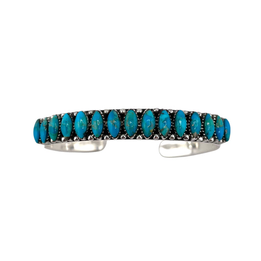 Turquoise Needlepoint Pointed Oval Row Cuff Bracelet Sterling Silver