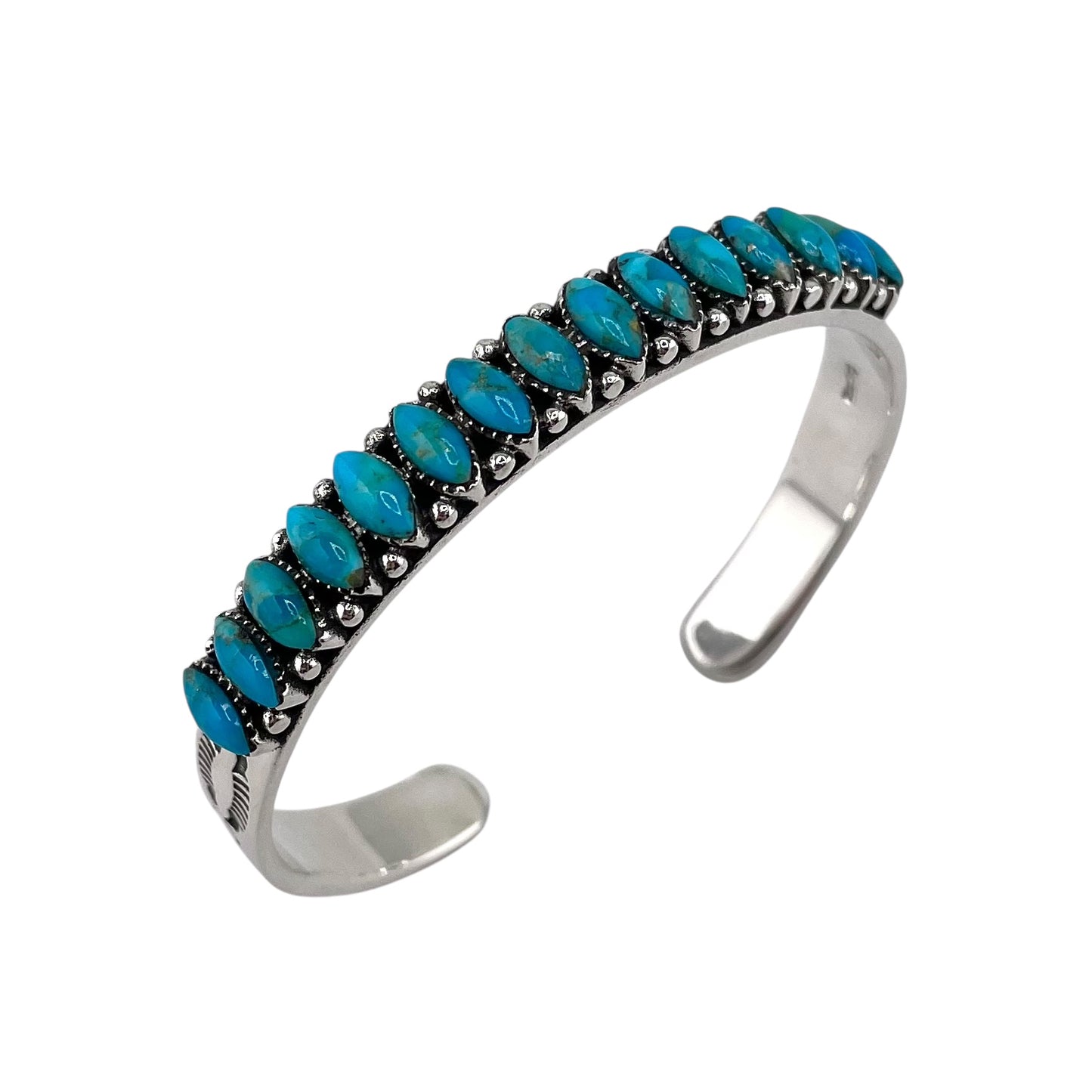 Turquoise Needlepoint Pointed Oval Row Cuff Bracelet Sterling Silver