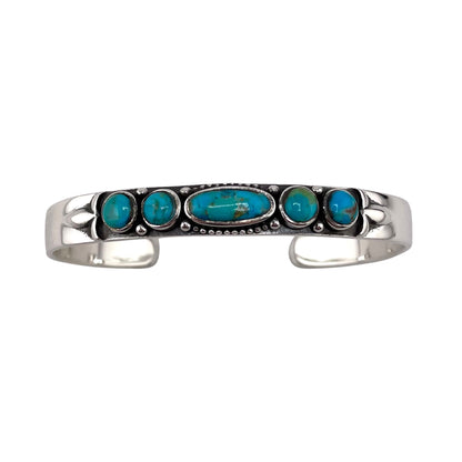 Turquoise 5 Stone Round Oval Row Cuff Bracelet Sterling Silver