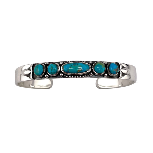 Turquoise 5 Stone Round Oval Row Cuff Bracelet Sterling Silver