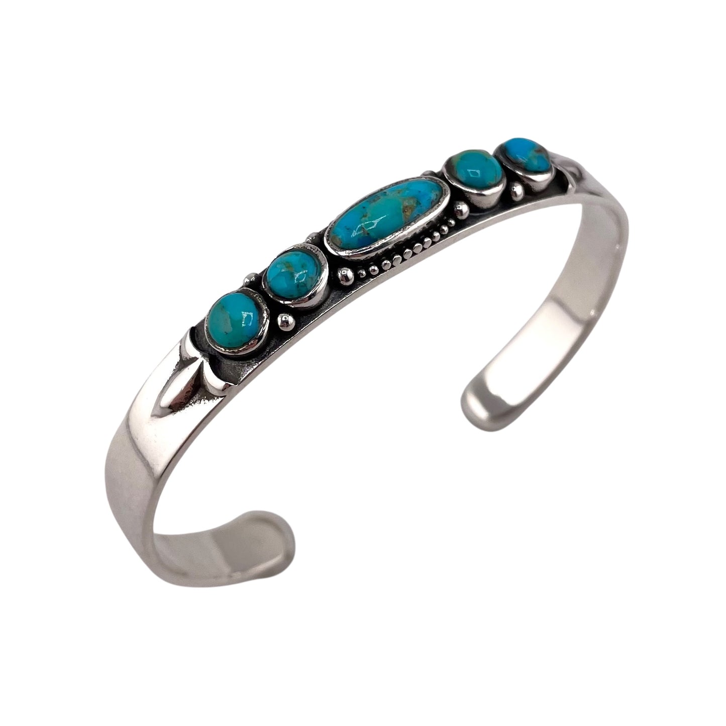 Turquoise 5 Stone Round Oval Row Cuff Bracelet Sterling Silver