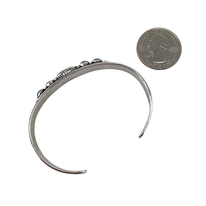 Turquoise 5 Stone Round Oval Row Cuff Bracelet Sterling Silver