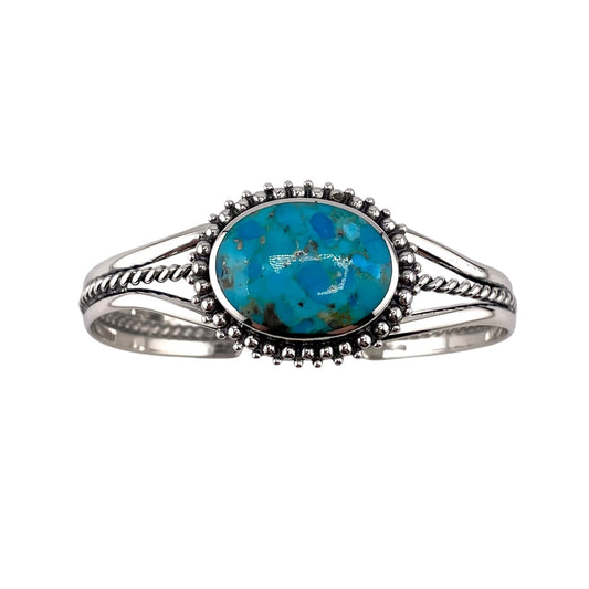 Turquoise Stone Round Oval Eternity Bead Cuff Bracelet Sterling Silver