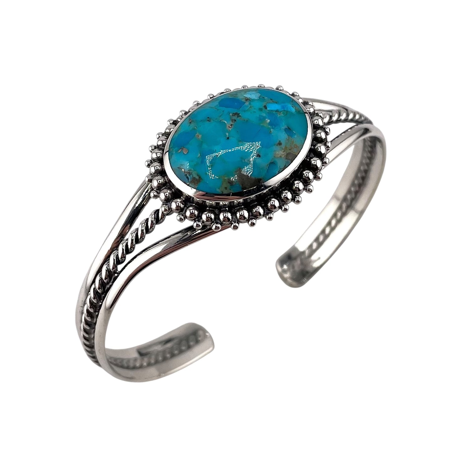 Turquoise Stone Round Oval Eternity Bead Cuff Bracelet Sterling Silver
